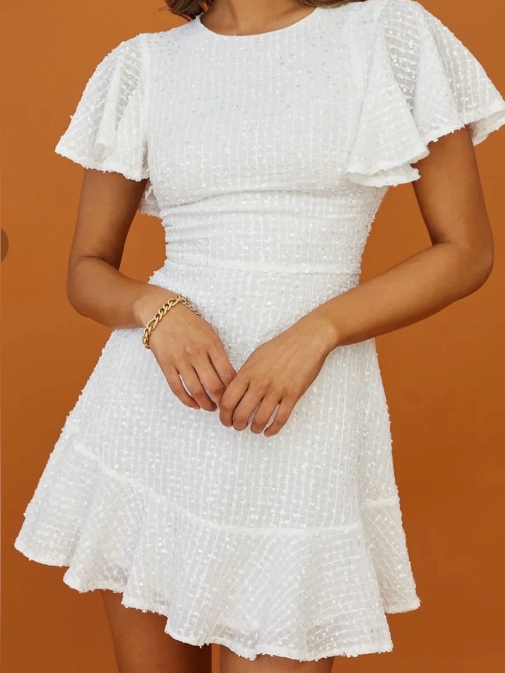 Selfie Leslie White Flutter-Sleeve Fit & Flare Dress